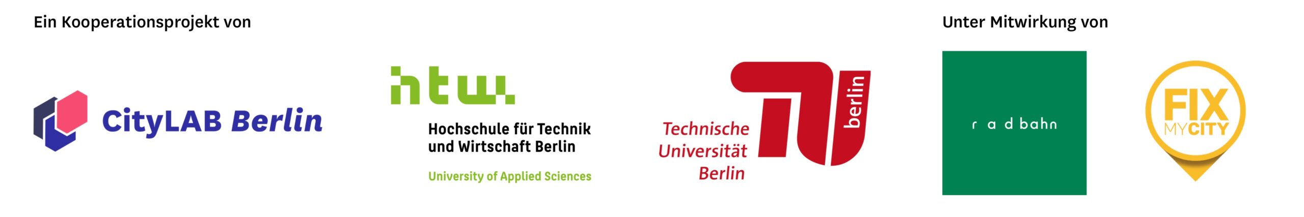 Logos von CityLAB Berlin, HTW Berlin, TU Berlin, Reallabor Radbahn und FixMyCity 
