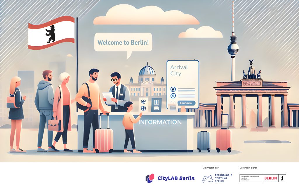 Die Grafik beschreibt das Thema der CityLAB Summer School. Es geht um bessere Informationen beim Ankommen in Berlin. Zu sehen sind Menschen an einem Infodesk. Im Hintergrund sieht man die Wahrzeichen Berlins.