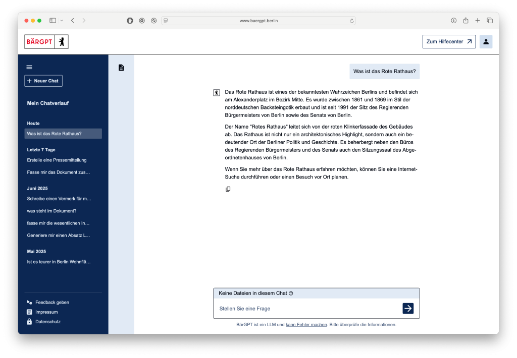 Ein Bildschirmfoto der KI-Anwendung BärGPT