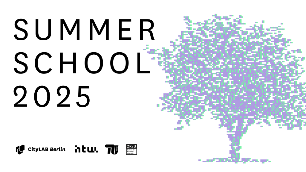 Grafik der Summer School mit einem Baum in Pixeldarstellung, dem Projekttitel und den Logos der Praxispartnern CityLAB Berlin, HTW Berlin, Reallabor Wald der TU Berlin und ZK/U Berlin Zentrum für Kunst und Urbanistik